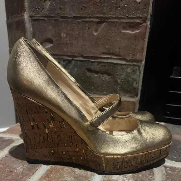 Christian Louboutin Metallic Gold Leather Cork Platform Wedge Mary Jane - Picture 3 of 16